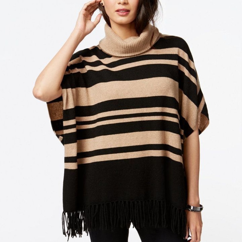 Charter Club L / Xl Cashmere Striped Fringe Poncho